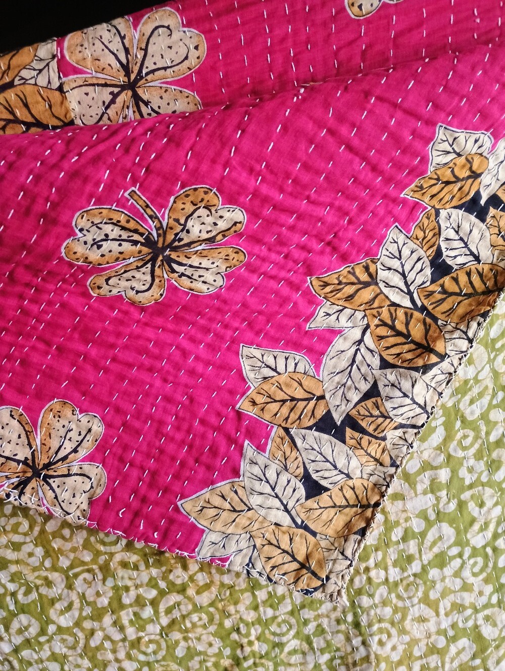 Handstitched Pink Floral Kantha Quilt